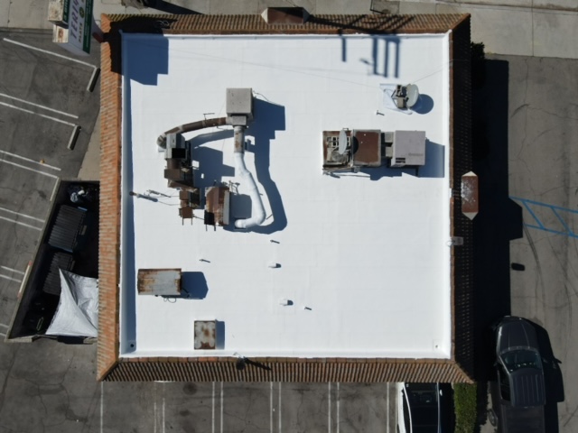 Commercial roof with white membrane and skylights